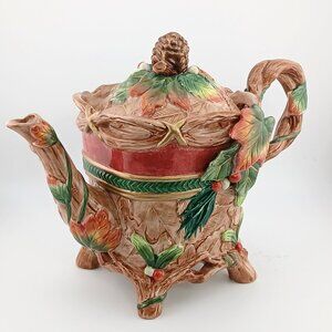 Vintage Fitz & Floyd Christmas Lodge Teapot Motif Mint in Original Box